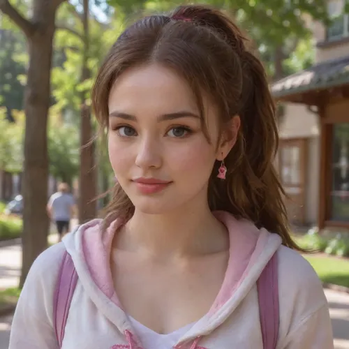 full body view, (full body view:1.8), 3/4 front view, 1 white woman 18 years old, long chestnut hair, hair tied to ponytail, wearing blue jeans, a pink hoodie, pink sneakers, backpack, small breasts, slender body, smile, very beautiful, cute face, (cute face:1.5), detailed face, (detailed face:1.8), long silver earrings, brown eyes, walking through a park area, sunny da, summer day, sunlight shining on her face, photo, of, a, sks, 4ng3l, sunlight, <lora:SDXL_BetterFaces-LoRA_v1:2>, <lora:289505_training_data:2>, <lora:591413_training_data:1.1>, <lora:LoRA-sunlight-sdxl:1.8>, <lora:926023_training_data:1.4>