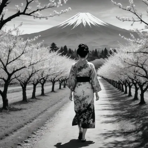 Sumi-e stylized drawing of a gorgeous Japanese woman walking in a cherry orchard, black and white ink, mount fuji in background, masterpiece quality