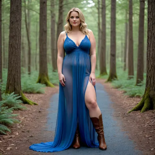 chunky bbw blonde wife with dark roots and wide hips in a blue floor length negligee in the woods with brown boot