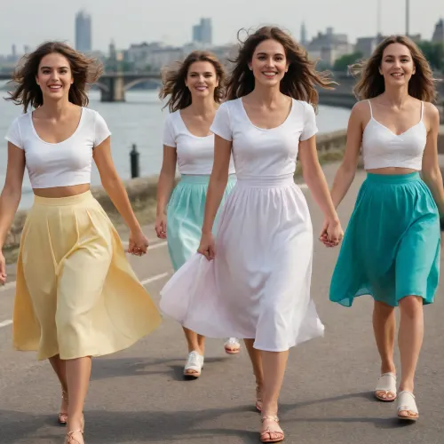 the bride's party, a young woman in a light white knee-length dress, along with her beautiful mother and friends in colored skirts and white T-shirts, are walking along the embankment, the wind lifts their skirts, bras shine through thin T-shirts, hair is beautifully styled, having fun
