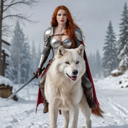 big snow-white wolf, beautiful woman 30 years young, big firm breasts, fiery red long hair, stiff nipples, wearing silver knight's armor, carrying a shield in her left hand, carrying a sword in her right hand, woman rides on the back of a big snow-white wolf, a banner is blowing in the background, medieval landscape, show whole body in the picture, medieval battle in the background, bmbplora, <lora:bimboxl_02:.5>