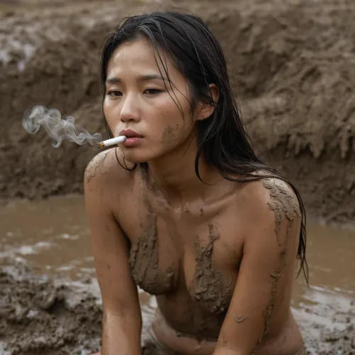 Korean woman smoking one cigarette, cute, 26, Outside in Mud pit, sticky mud, thick mud, partially submerged in mud, sinking in mud, naked, photorealistic, real life, candid, black hair, long length hair, very sticky mud, deep mud, clay mud, tiny sexy white dirty panties, small saggy tits, 30yo, muddy dirty face, athletic, bend forward, muscular, thick, hourclock