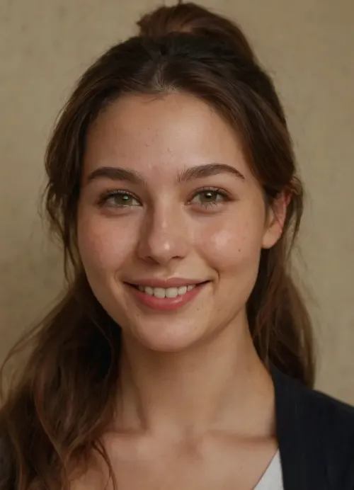 ((Full body shot)), 28 year old woman, British American, Caucasian, light brown hair in a ponytail, pale fair skin, 5'4" tall, busty, covered breasts, (sagging breasts), thin, wearing a t-shirt and blue jeans, angular features, wide face, square jaw, big chin, ((very prominent chin dimple)), high prominent cheeks, ((very prominent cheek dimples)), wide smile, nice lips, green eyes, acne scars, SaggySlimXL, uhang, yhang, <lora:updated_saggy_slim:1>