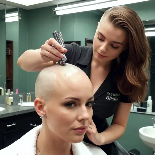beautiful sexy happy busty irish Bald 19 year old girl’s shaving her girlfriends head in a barber shop, I phone photo, super realistic, chatting happily, shaving foam on bald scalp, full length shot, seductive look, looking at camera