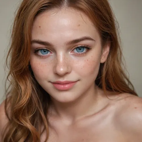A raw photo of a gorgeous nude flac-futa, Tfrfut, flaccid, large breasts, beautiful smiling face, young gentle expression, long ginger, pale skin, freckles, detailed skin. flac-penis, <lora:SDXLlora4flFut-000014:1>