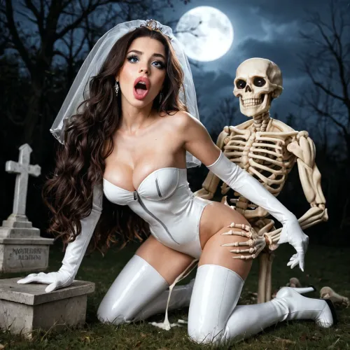 18 years old, brunette, tiny body, (ultra hd professional photo), angelic face, hyper german model, very delicate doll face, big lips, big blue eyes, upturned nose, black cat eye eyeliner, very long hair, perfect brunette, styled hair, screaming in pain, average height, thin, perfect and round high breasts, wearing very tight latex bride outfit, stockings, boots, gloves, open zipper showing her breasts, fucked by a 2 two skeleton monster with a very big dick, fucked hard, creampie, cumshot, cum dripping down her legs, in an old dirty and detailed cemetery at night, very good lighting, hardcore sex, impaled



By Kamikaze79