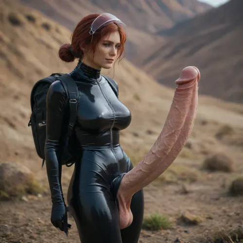 triss, Watching carefully, ((a black full closed latex astronaut suit), (black backpack), (black astronaut helmet)), ((huge futa cock:1.8), (curved penis:1.6)), A highly realistic, muscular futa with huge cock standing confidently in front of a stunning, picturesque landscape, late evening. She is demonstration her penis under skirt and smiling warmly. The scene is professionally retouched, with vibrant and balanced colors. The photo emphasizes her strong, athletic physique while showcasing the beauty of the natural background, creating a perfect harmony between strength and serenity, detailed realistic skin, pubic hair, <lora:SDXLHighDetail_v5:1>