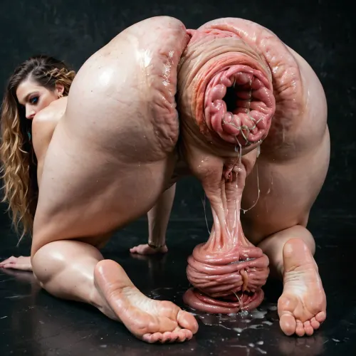 18 year old girl kneeling on ground we can see her ass, extreme anal prolapse, extreme pussy prolapse, extreme boobs