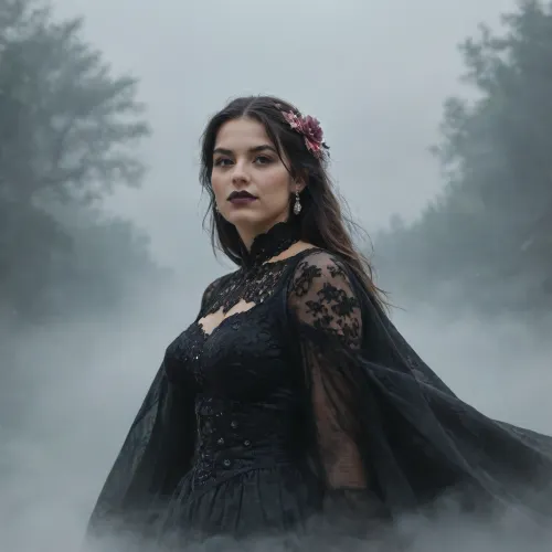 (fog:1.9), The foggy city, The Princess of the mist, a beautiful young woman partially obscured by fog, a complicated old hairstyle, Flowers in her hair, antique clothes, dynamic pose, 8k wallpaper, very long black hair, ((hyper realistic, masterpiece)), beautiful girl, ultra texture quality, smiled face, black lipstick, big lips