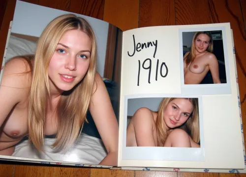picture of a scrapbook featuring photos of a 34 year old sexy MILF with long golden blonde hair, hand writing in black marker labeling the page as "Jenny 1970", bedroom, intimate