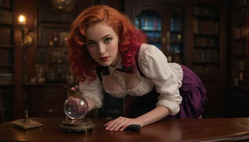 masterpiece, best quality, view from side, steampunk scene, magic, fantasy young slender female scientist, 23 years old, curly strawberry-blonde hair, wearing a red burlesque corset over a puffy white blouse and an uplifted black short skirt revealing a dark purple thong, leaning forward over a research table, (holding a colorful glimmering magnifying glass:1.5), (looking through it at a radiating crystal ball on the table:1.4), . The steampunk room is filled with books and laboratory devices