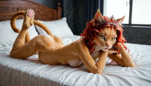 ((furry feline female), looking at viewer, cat's head, (red cat´s eyes), small tits, thin, slim, small ass, nude), <lora:catbody:.6>, yellow fur, tiara, pregnant, lying on bed, bedroom, show her vagina, full body, <lora:updated_realneko_v1:1>, <lora:hakama:2>