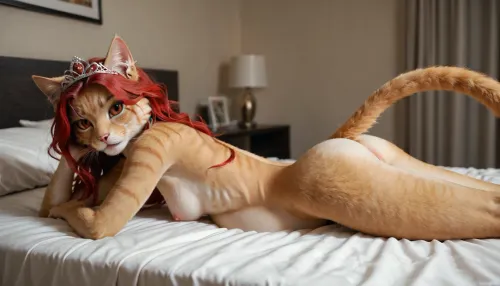 ((furry feline female), looking at viewer, cat's head, (red cat´s eyes), small tits, thin, slim, small ass, nude), <lora:catbody:.6>, yellow fur, tiara, pregnant, lying on bed, bedroom, show her vagina, full body, <lora:updated_realneko_v1:1>, <lora:hakama:2>