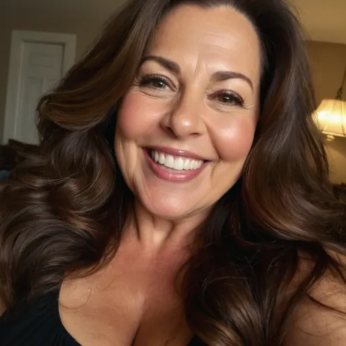 mature 55 years old, brunette, very sexy, long wave hair, very chubby, selfie, horny big smile
