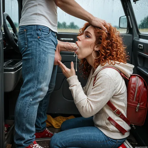 Wide shot, from 15 feet away, side view, 18 year old Irish redhead girl, wearing tight jeans and a hoodie and high top converse and backpack, kneeling by the open door of the driver of a big rig parked at a truck stop, deepthroating the driver's thick cock fully clothed, driver sitting in the truck, very freckled, very red symmetrical lips, round green eyes, greek nose, very detailed long curly hair, round D sized tits, natural skin tone, in the rain, perfect fingers and hands, blowjob, deepthroat, cum overflowing from mouth, detailed bottom, <lora:580159_training_data:1>