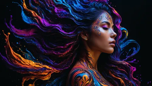 Colorful woman, Black ink flow, 8k, photorealistic masterpiece, intricately detailed fluid gouache, calligraphy, watercolor art, professional photography, volumetric lighting, photo-illustration, concept art, elegant, fantastical, PENeonUV, blacklight, neon, <lora:PE_NeonUV Style:.5>