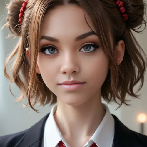 close-up, profile view of a stunningly beautiful woman with long red messy hair in two buns, sweet shy smile, erotic seductive look, without makeup, 4ng3l, face, <lora:SDXL_BetterFaces-LoRA_v1:.9>, <lora:add-detail-xl:1.8>