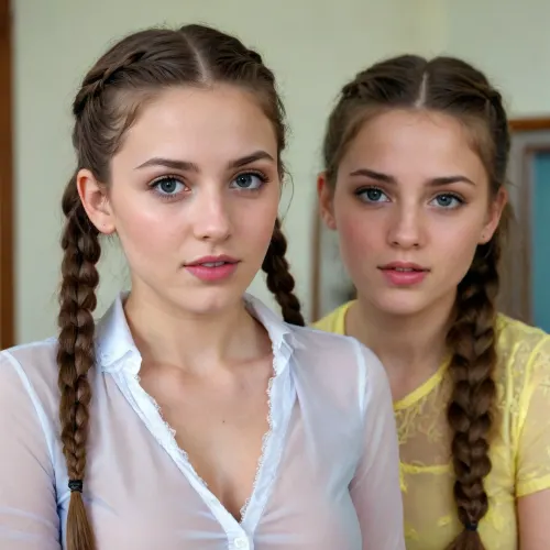 ¾ shot, A curly haired girl looking to the camera stands exposed in the front, first person view, with 2 girls on each side also looking to the camera, all girls looking seductively at viewer, they are all close to each other. Two girls are on each side of the first person. c cup breasts, all 19 year old, beautiful faces, very detailed faces, ultra-detailed, high resolution eyes, high quality eyes, high quality mouth, innocent, submissive, naturalistic, masterpiece, highres, photorealistic, submissive look, long brunette plaited pigtails, in tight thin see-through blouse with very low neckline exposing enormously big breasts, white, yellow, blue, golden necklace, school room