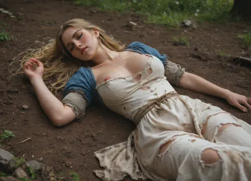 A 25 years old medieval peasant, on a Battlefield, with a medieval pesant dress, She's lying on the dirty ground, (her dress is ripped), dress ripped on her breast, dress riped on her belly, blonde with long hair, dirt on her hair, closed eyes, she is covered in dirt and mud, big breasts, medieval peasant dress, she is sleeping, she passed out, the background shows smoke rising from the battlefield, View from 5 meters away, full body view