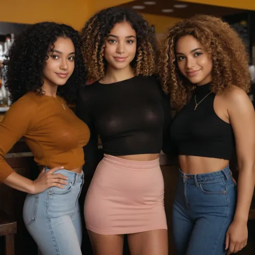 3 women  posing for a photo in a restaurant, looking_at_viewer, 18 year old young adult mixed race girl, (small, not tall), pixie cut blond curly hair, narrow face, strong nose, shy smile, dressing a thight jeans with sexy blue top, A pretty, 24 year old young adult black girl, pixie cut long ginger curly hair, smiling, dressing a pink mini skirt with white t-shirt, a third girl, 28 year old, latina, navel_piercing, black sexy silky dress, panties, long_hair, realistic, black curly hair, clothes_lift, full body vieuw, best quality, photorealism, masterpiece, huge, breasts, massive, anathomical eyes, perfect faces, realistic photo, knitted, sweater, tight, IrisMittenaere1024, relaxed, mini, dress, light, brown, eyes, curly, black, hair, full, lips, afroamerican, <lora:BT_Knitted_Sweater_Dress_XL:.5>, <lora:IrisMittenaere1024:.5>, <lora:BT_Relaxed_Mini_Dress_XL:.5>, very_long_hair, <lora:very_long_hair-10:.5>, melanin, <lora:melanin3:.5>