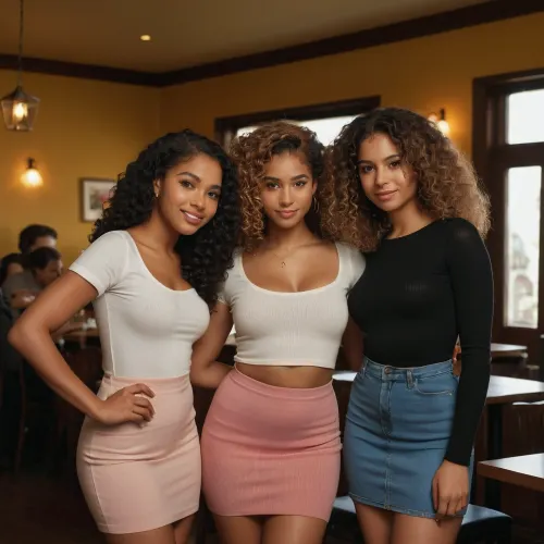 3 women  posing for a photo in a restaurant, looking_at_viewer, 18 year old young adult mixed race girl, (small, not tall), pixie cut blond curly hair, narrow face, strong nose, shy smile, dressing a thight jeans with sexy blue top with the number 1, A pretty, 24 year old young adult black american girl, pixie cut long ginger curly long hair, smiling, dressing a pink mini skirt with white t-shirt with number 2, a third girl, 28 year old, latina, navel_piercing, black sexy silky dress, panties, long_hair, realistic, black curly hair, clothes_lift, brown, eyes, curly, black, hair, full body, lips, best quality, photorealism, masterpiece, huge, breasts, massive, anathomical eyes, perfect faces, realistic photo, <lora:Sideboob_XL:.5>, knitted, sweater, dress, tight, <lora:BT_Knitted_Sweater_Dress_XL:.5>, very_long_hair, <lora:very_long_hair-10:.5>, melanin, <lora:melanin3:.5>, Tyla, south, african, singer, <lora:Tyla_South_African_singer:.5>
