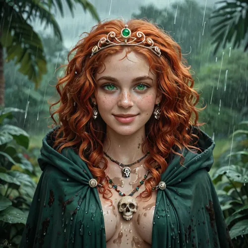 Half body view, rainy day, 18 years old redhead Irish girl, naked, long hooded cape, a glowing black flame in her palm, necklace with skulls, tiara with skulls, green vapor on the ground, necromancy, very freckled, alone, jewelry, earrings, front view, facing forward, very red symmetrical lips, round green eyes, greek nose, very detailed long curly hair, D size round tits, natural skin tone, mud stained body, a sweet and calm smile, perfect fingers and hands, muddy ground, dark mists forming around her, detailed background, <lora:580159_training_data:1>
