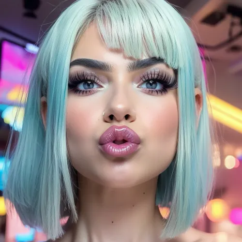 Hyperrealism, natural petite cutie, 18 years old beautiful, stunning unique female character. She has large eyes filled with joy and excitement, extravagant eyelashes, random colorful short haircut, making this image a masterpiece of photography and digital art. Style, realistic hyper-detailed rendering, 32k UHD, expressive eyes, punk, graphic design, girl's face, pretty and cute, gleaming lips, white skin, pouting, <lora:weight_slider_v2:.1>, <lora:Pouting:.7>, <lora:r0m4nt1cg0th:.5>