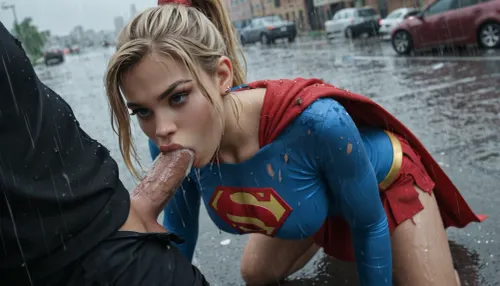 stunning blonde woman with ponytail, ((woman wearing a tight dark blue shirt with supergirl symbol)), woman wearing ripped torn red cleavage skirt, sexy posing at street sexy kneeling, bad guy grabbing her hips with his hands, cum flowing from guy cock, woman sucking guy cocks, cum running down her legs while other guy fucks her, ((destroyed city, post fight scenario, after a huge superhero fight)), (((raining, clothes wet)))