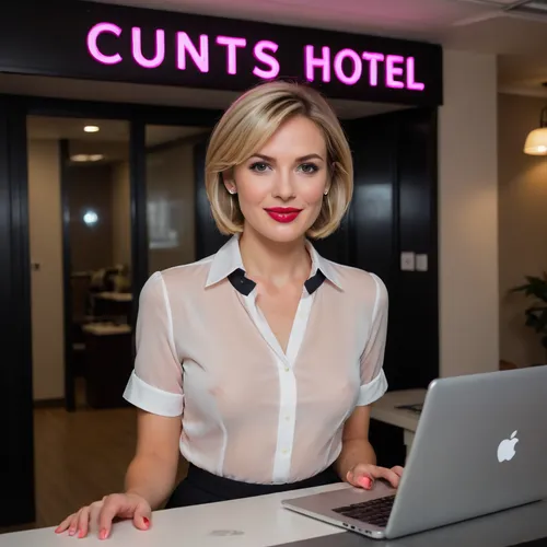 (((text "CUNTS HOTEL"))), (((office lady behind a hotel reception counter working on a laptop))), ((white silk blouse with the words "CUNTS HOTEL" in large black letters writing on front)), laughing face, natural lighting, (looking down), bad lighting, amateur, 1skinny adult woman, adult milf of 60 years, white realistic skins, natural beauty, 60 years old, European body, European face, beautiful eyes, lips, cute tall nose, symmetrical face, symmetrical eyes, ((blushing)), looking at camera, POV, short blonde bob, perfect face, full makeup, red lipstick, low lighting, dark, natural pose, beautiful hands, detailed fingers, HD, "CUNTS, HOTEL", shirtlift, breasts, cutout, clothing, nipples, <lora:texta:.8>, <lora:2BoutOvalSDXL2-000002:.5>, nsgzz, english, text, focus, neon, sign, glow, <lora:447489_training_data:.5>, <lora:299579_training_data:.5>