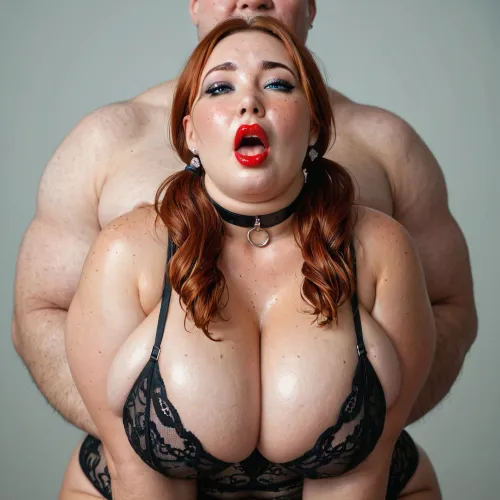 (ssbbw:1.3), fat student, dark ginger hair, long hair, blue eyes, ((fat face)), freckles on face, beautiful face, professional studio, (plump:1), double chin, strong neck, ((fat shoulders, fat arms)), choker, earings, female blushing, moaning, eyes crossed, extra detailed, high definition, pigtails, (boobs:1.3), (fat massive breasts), slave collar, hard nipples, breast exposed, (skin tight black lingerie:1.4), extra wide hips, packed hips, strong thighs, fat waist, doggy style, ((makeup, eyeliner, mascara, lipstick, eyeshadow))