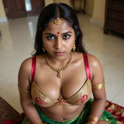 Very hairy 18 years old South Indian, heavy fat tits, fit thighs, traditional Indian clothes, bra, very high angle, volumetric lighting, wedding, fisheye lens, depth of field, she’s looking away, averted gaze, pressing tits together, extreme closeup on chest