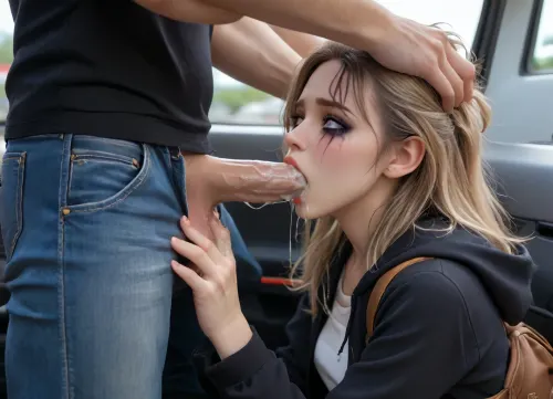 Wide shot, from 25 feet away, side view, Gorgeous 18 year old blonde with light makeup, small firm breasts, small hard nipples, brown eyes, headband, wearing tight jeans and a hooded sweatshirt and hightop converse and backpack, kneeling next to open driver's door of a big rig truck parked at a truck stop, deepthroating the fully dressed muscular driver's giant cock, driver seated in the truck, (sloppy+blowjob+deepthroat+balls deep+vomcum), (crying+gagging+gasping+struggling+breathless+suffocating), (excess cum+cum overflowing from mouth+creampie), (sweat+spit+drool+tears+cum+dripping from her face), (smeared makeup+mascara streaks), man's hands on her head, pulling her head hard, fingers wrapped in hair