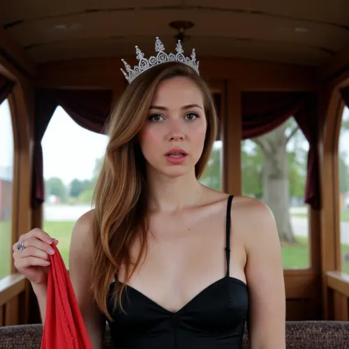 A gorgeous 45 yo skinny rail-thin luxurious chestnut hair mom sitting on a bench in an old-fashioned cart interior. Gorgeous aristocratic face. crying frightened shocked sad facial expression. Tears running down her face. Wearing a gorgeous sexy victorian black dress and a luxurious queen crown. Holding her tiny red panties in her hand. Fantasy world outdoors.