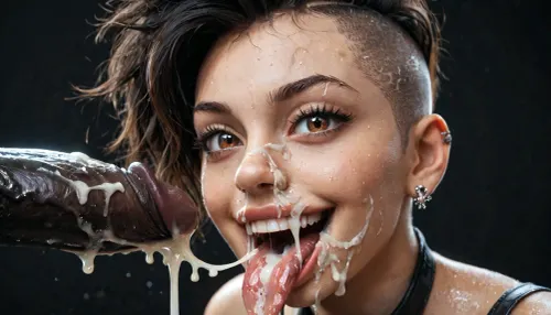 Close-up, (Side view), (looking at viewer), front view, (Macro photo), (close up), (Russian), (demoness), (detailed brown eye), (the eyes are smiling), (detailed iris), (detailed nose), (detailed mouth), (open mouth), (eyes wide open), (extended tongue), (detailed tongue), (curved tongue), (wet mouth), black hair, (mohawk hair with undercut), sucking big erected 25 inch black penis, penis lying on her tongue, (excessive cum on tongue), cum dripping from her tongue, projectile cum, black background.