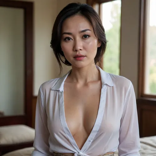 Kazakhstan milf, asian, unbuttoned shirt, dressed, small saggy tits, deep neckline, braless, bottomless