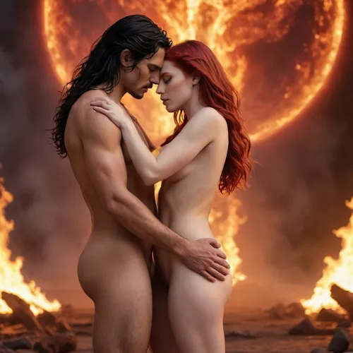 The image shows a full-length guy with long black hair hugging a girl with red hair, they both express a tantric connection to each other, and their kundalini energy is depicted around them, which is intertwined in space. The guy and the girl are also naked, and they are standing in a burning hell, where demonic succubi can also be seen against the background behind them.