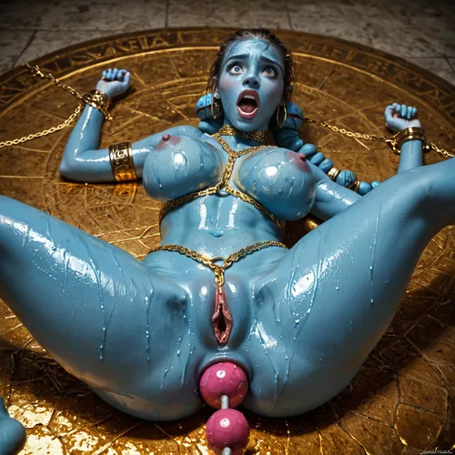 aayla secura, blue skin, blue twilek, extremely curvy hourglass figure, tall, big eyes, erotic, gold harness, gold chains, oiled up, sweaty, natural breasts, fucked by giant writhing anal beads, arched back, gold body jewelry, laying down, spread legs, screaming, body jewelry, body chains, detailed background