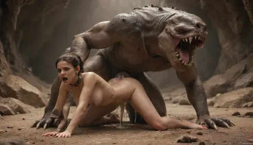 Dark wet cave, dropping water, slimy, enormous cave, floor covered with shattered bones, fear, le_ia grabbed by rancor1024, (1.5), le_ia body covered with dirt, cum, bruises and clawmarks, rancor1024, fucking le_ia from behind, le_ia costume ripped apart, enormous monster cock in le_ia ass, ((monster claws tearing costume)), leia screaming from fear and lust, tits hanging out costume, monster, claws, sharp, teeth, le_ia, braid, ponytail, slave, leia, onarmor, meatshield, fannypacking, <lora:onarmor_xl:.5>, costume, double, <lora:leia - le_ia sdxl:.5>, <lora:Rancor1024:.5>
