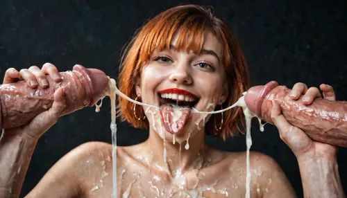 (Macro photo), (extreme close up:1.2), front view, Photorealistic, professional photography, (open mouth), (extended tongue), (eyes are smiling), red lipstick, excessive cum on tongue, short smooth ginger bobcut hair, 2 white men, handjob, topless, cum dripping from chin, tongue sticking out, black background.