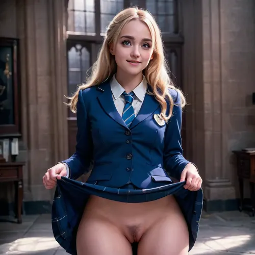Luna lovegood in her ravenclaw uniform lifting her skirt flashing her pussy full body, skirtlift, <lora:skirtlift_xl:.9>