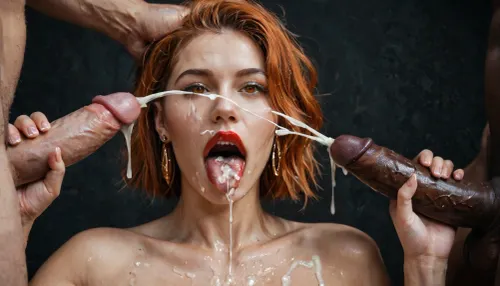 (Macro photo), (extreme close up:1.2), front view, Photorealistic, high resolution, professional photography, (open mouth), (extended tongue), (detailed tongue), red lipstick, excessive cum on tongue, short smooth ginger bobcut hair, 3 african black men, handjob, masturbating, ejaculation, projectile cum, topless, cum dripping from chin, tongue sticking out, black background.