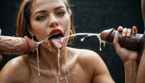 (Macro photo), (extreme close up:1.2), front view, Photorealistic, high resolution, professional photography, (open mouth), (extended tongue), (detailed tongue), red lipstick, excessive cum on tongue, short smooth ginger bobcut hair, 3 african black men, handjob, masturbating, ejaculation, projectile cum, topless, cum dripping from chin, tongue sticking out, black background.