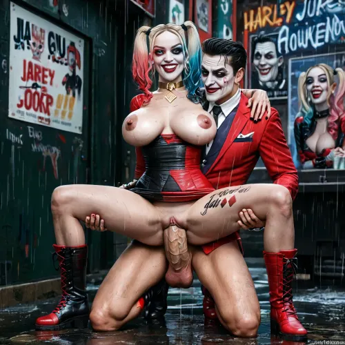 Harley quinn comic character, colored hair, half hair pink and half hair blue, (white skin), harley quinn tattoo, giant esplofing breast, red boots, (extreme sex scene with Joaquin Phoenix's Joker raping Lady Gaga's Harley Quinn with his huge cock:1.5), penetrating her vagina and fucking her from behind, squeezing her neck with a hand and squeezing a tit with the other hand, set in a New York alley in the rain, two person, full body, (harley quinn movie dress), (Joker’s green dress)
