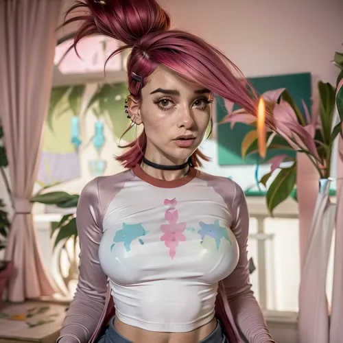 masterpiece, (solo:1.1), perfect face, (bright lighting:1.2), beautiful detailed eyes, extremely detailed face, perfect lighting, best quality, ((mature female)), 19yo female, looking at viewer, nude, solo focus, hand on another's head, pov crotch, >=, flirty, slutty, huge silicone boobs, frankiefoster, messy cut, green choker, hairclip, rainbow hair, ornament, pink satin tight shirt, black satin jacket, piercing, midriff, pink satin tight extra mini skirt, <lora:frankiefoster-guy-301:2>