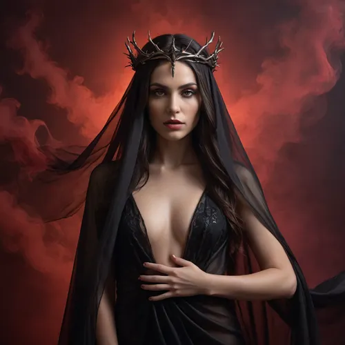 a detailed fine art portrait of a female with long, dark hair, standing in a fluid, strong pose, including vulnerability and power. They are nude, draped in a sheer black veil or fabric for an ethereal, mysterious effect, wearing a metallic, thorn-like crown resembling a halo or crown of thorns, symbolizing sacrifice, divinity, or mythology.
Set against a dramatic, swirling crimson red smoke background, evoking passion, danger, and mysticism. The smoke should be semi-transparent, blending with the model for a surreal, intense atmosphere. Use soft, chiaroscuro lighting with deep shadows and highlights to emphasize the body, veil, and crown, creating depth and contrast.
The model’s direct, intense gaze locks with the viewer, conveying contemplation or resolve, with a somber, otherworldly mood. Use a palette of deep reds, blacks, and grayish smoke, avoiding bright or cool colors. Incorporate fine art photography techniques—dramatic lighting, textures, and symbolism—to explore themes of spirituality, transformation, and power. Enhance with digital effects like red smoke overlays for a polished, mystical look, inspired by Renaissance art and modern surreal portraits