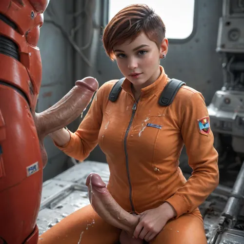 copper hair, (pixie haircut:1.6), (red flight suit), mecha hanger, ((big penis:1.1)), ((erect penis:1.3)), (futanari:1.1), (covered in cum:1.6), Masterpiece, 8k, trending on artstation, mecha, <lora:Dramatic_penis_SDXL:1>, <lora:mecha-000009 (1):2>