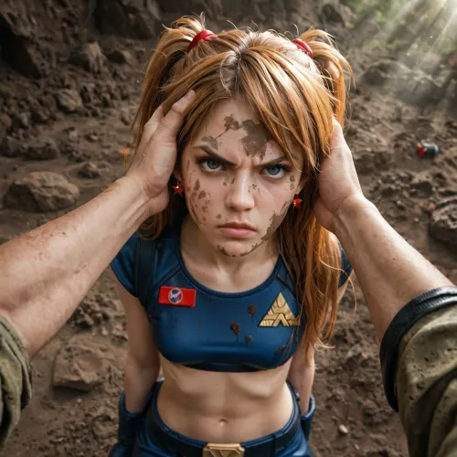 asuka, langley, long red flying hair, Star Trek uniform, (sexy midriff:1.2), heavy boots, being lost, outdoor at industrial ruin, lost in battle zone, forlorn expression, dirty face, muddy face, muddy arms and legs, (angry man:1.2), background is industrial ruin, camera from above, ((focus on face:1.3), crepuscular rays)