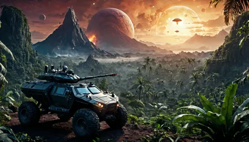 fullcolor image, 8K quality, night, alien planet, fantastic jungles, a volcano background, alien strange landscape, many fantastic animals, some planets satelite visible in sky, space battlecruiser hovering high over the landscape, an armored all-terrain vehicle drives through the jungle towards the volcano