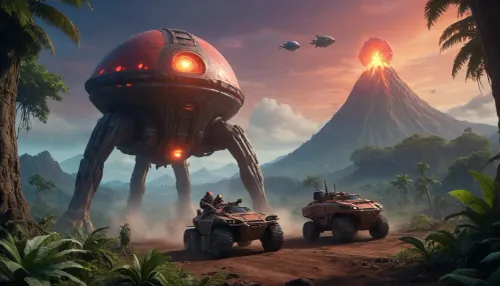 fullcolor image, 8K quality, night, alien planet, fantastic jungles, a volcano background, alien strange landscape, many fantastic animals, some planets satelite visible in Coral sky, space battlecruiser hovering high over the landscape, An armored all-terrain walking vehicle moves through the jungle towards the volcano