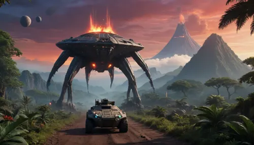 fullcolor image, 8K quality, night, alien planet, fantastic jungles, a volcano background, alien strange landscape, many fantastic animals, some planets satelite visible in Coral sky, space battlecruiser hovering high over the landscape, An armored all-terrain walking vehicle moves through the jungle towards the volcano